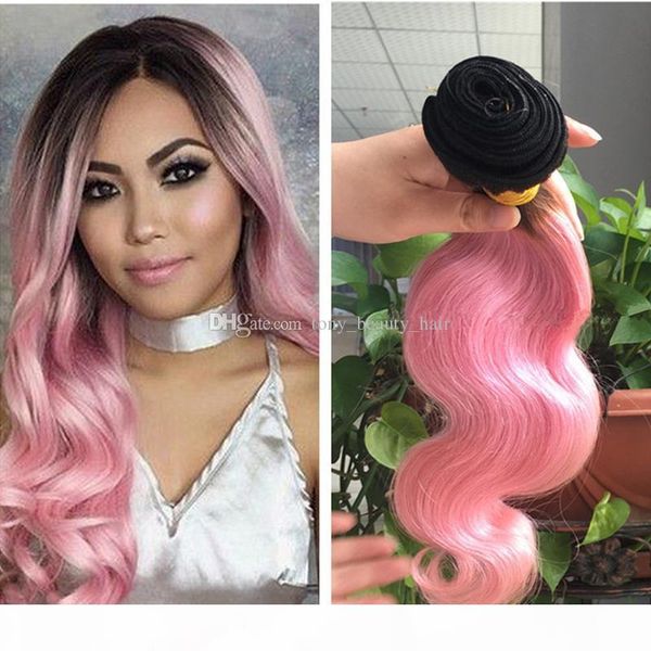 

9a grade ombre 1b pink ombre hair 3 bundles 10-30" peruvian virgin human hair weave two tone 1b pink dark roots hair extensions, Black