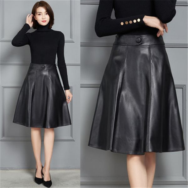 

2021 new fashion genuine real sheep leather skirt k1, Black