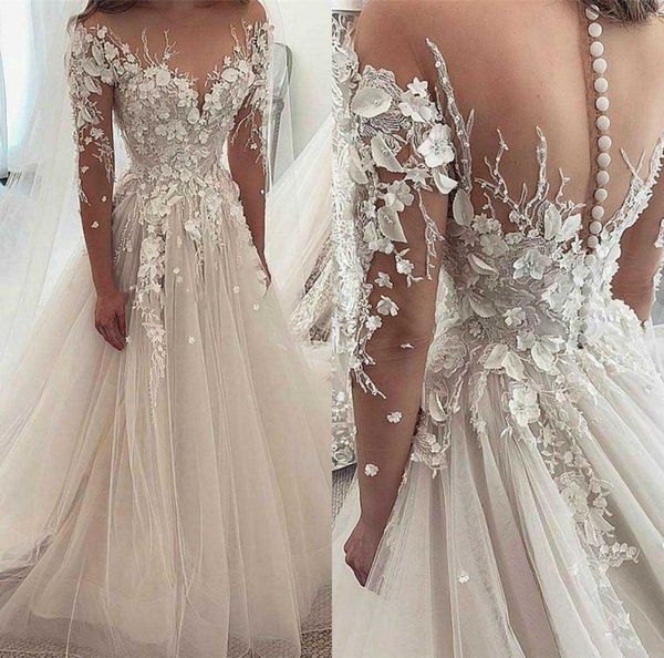 

country wedding dresses 2021 with 3/4 long sleeves 3d flowers appliques sheer scoop buttons back bohemian boho bridal gowns vestidod novia, White