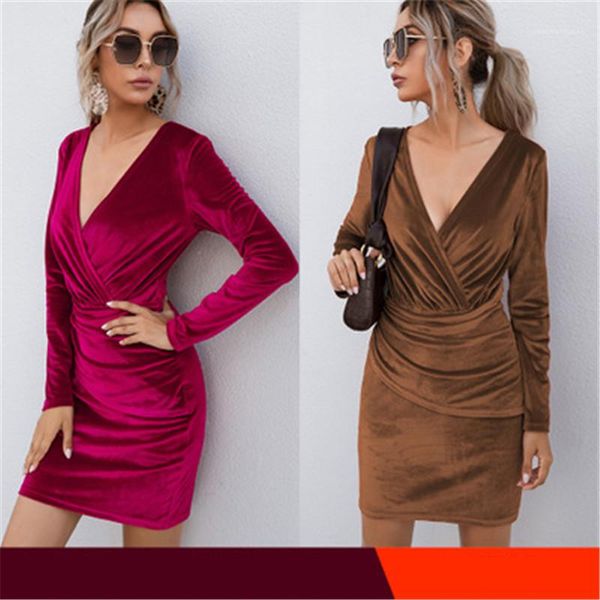 

short skirt fashion trend v neck long sleeve buttocks dress designer autumn female new slim casual dresses ladies golden velvet, Black;gray