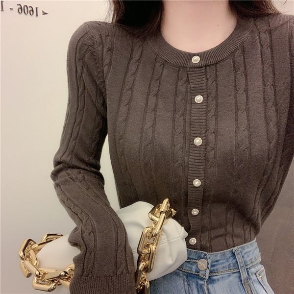 

new autumn 2020 korean pure color cardigan long sleeve bottoming shirt slim versatile crew neck sweater women's wear