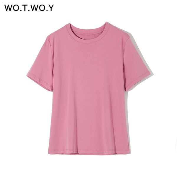 

wotwoy summer basic t-shirts women solid o-neck cotton female casual short sleeve tee shirt woman white black harajuku t200614