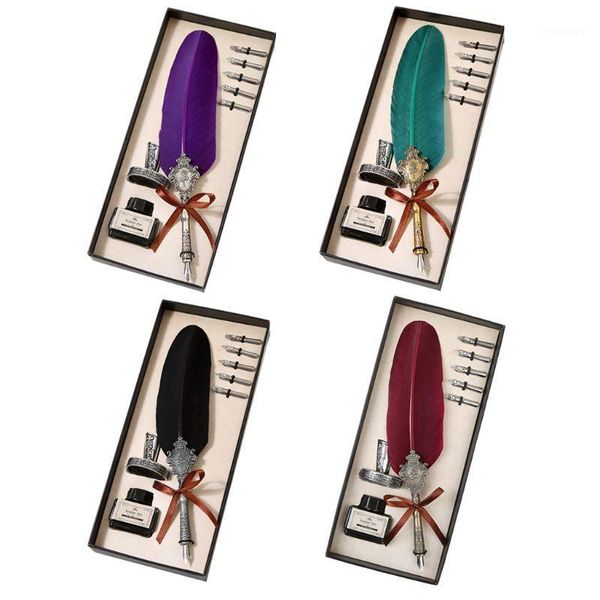 

retro classical feather quill dip english calligraphy fountain pen with writing ink 5 nibs kit set stationery gift box1