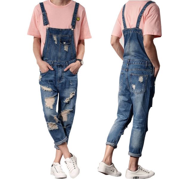

new men's 2020 bib ankle length denim torn male jeans dening overalls work pants made with tools size s-6xl bykm, Blue