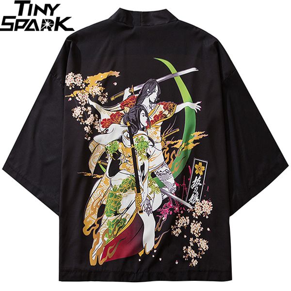 

japanese kimono jacket cartoon samurai harajuku hip hop men japan streetwear summer thin clothing loose, Black;brown