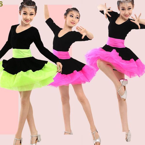 

girl long sleeves latin dance dress children ballroom dancing dress kids salsa rumba cha cha samba tango stage wear, Black;red
