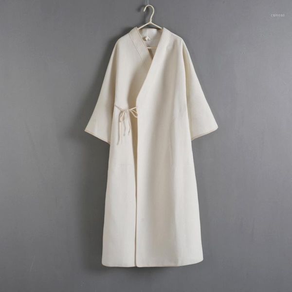 

vintage v-neck women long wool blend coat open stitch cashmere jacket pockets solid ladies coats1, Black