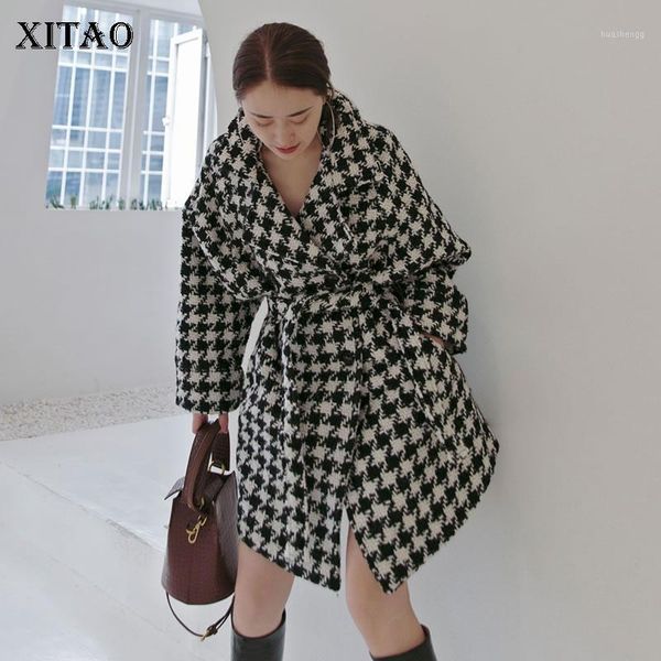 

xitao hounds tooth blend bandage turn-down collar long sleeve winter new women fashion plaid elegant all match dzl23951, Black