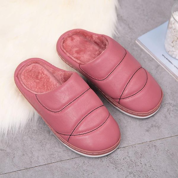 

women winter plush slippers non slip indoor for slipper leather house shoes waterproof women sewing warm fur shoes, Black