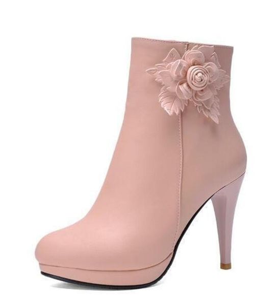 

womens sweet flower decor high slim heels ankle riding boots princess shoes 4colors plus size 34-43, Black