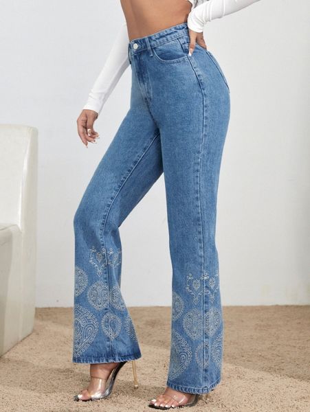 

high waisted embroidered detail bootcut jeans v0sv#, Blue