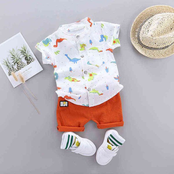 

summer boy clothes set cartoon dinosaur print short sleeve shirt + short pants for 1 2 3 4 years kid baby toddler boys clothes g220310, White