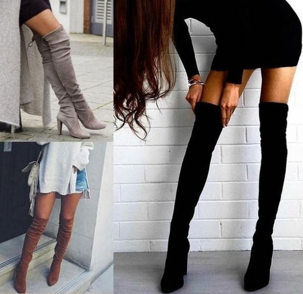 

boots fashion flock leather women over the knee lace up high heels autumn woman shoes winter size 34-43, Black
