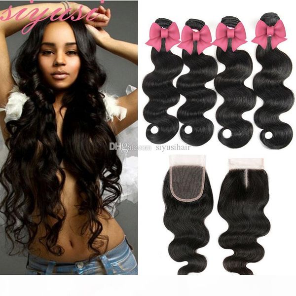 

maylasian weft hair weaves with closure body wave hair weaves human hair with closure with bundles, Black;brown