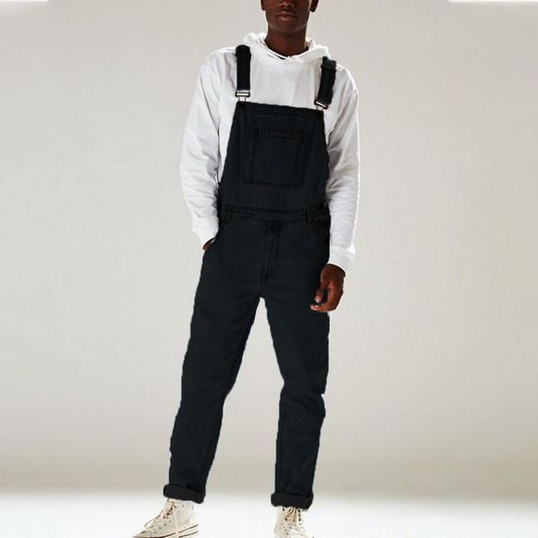 

laamei 2021 men's denim bib pants washed full length jeans jumpsuits hip hop straight jean overalls men streetwear male jumpsuit, Blue
