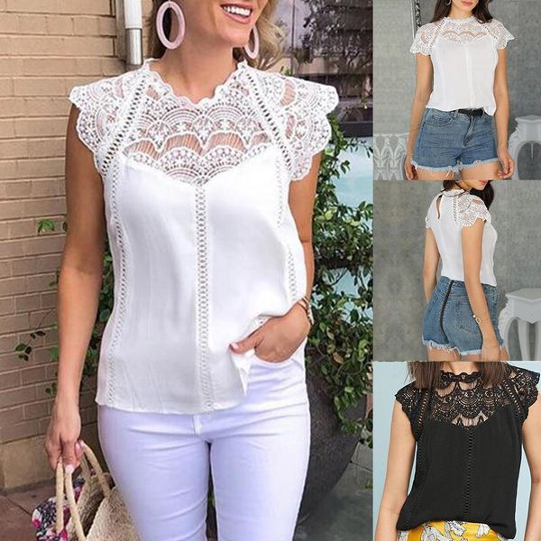 

lady summer solid color crochet lace flower patchwork tank sleeveless blouse new chic vintage, White