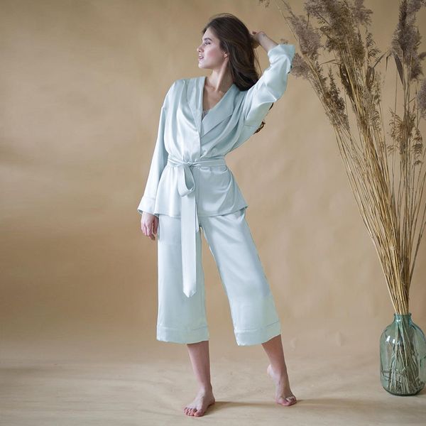 

hechan blue women robe with sashes satin loose bathrobe for home suit calf length pants home wear female sleepwear solid sets h1210, Black;red