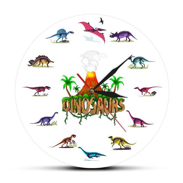 

volcanic eruption with dinosaurs fossils colorful printed acrylic wall clock dino skeletons kids room decor