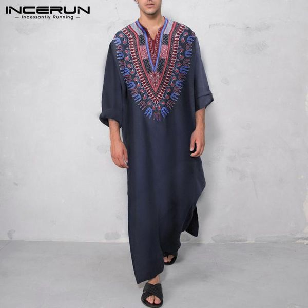 

incerun men muslim kaftan islamic printed long sleeve v neck retro robes casual saudi arabia dubai jubba thobe men clothes s-5xl, Red