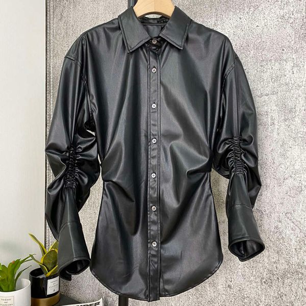 

niche personality 20 autumn new casual leather shirt with wrinkled sleev elbows, short back hem and waist, White
