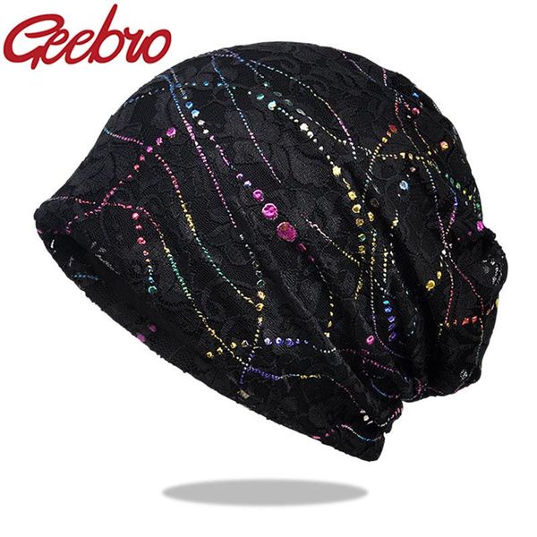 

geebro women summer lace breathable sunscreen sun hat female fashion spring autumn windproof warm black cap headscarf, Blue;gray