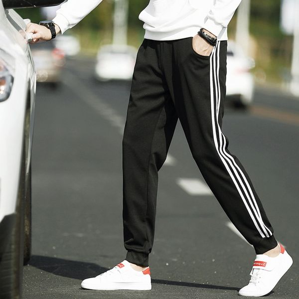 

casual men's trousers with three cropped sports binding feet nine point pants fashionable feet three bars slim fit school uniform and s, Blue