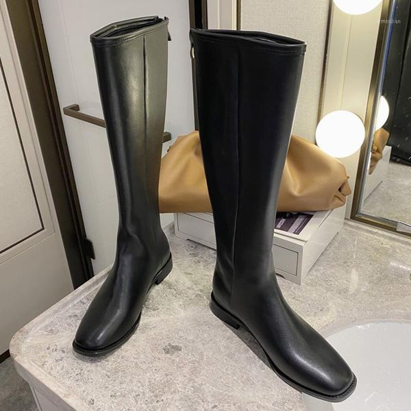 

2020 new winter trending women leather square toe boots black knee high boots zippers riding ladies party valentine shoes1