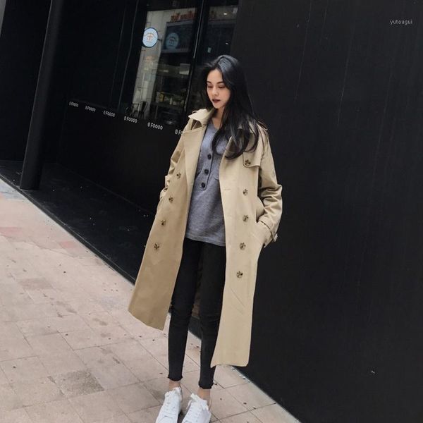 

new coming mid-length short-height women's windbreaker long sleeve double breasted women's clothing office outwear women trench1, Tan;black