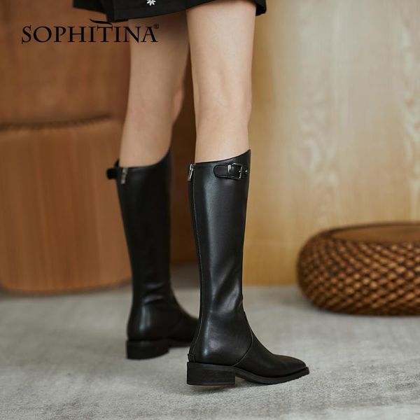 

sopna fashion black knee-high motorcycle boots woman winter genuine leather buckle design low square heel lady shoes po810