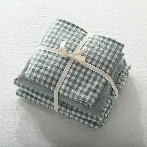 

4pcs 100% washed cotton green plaid bed cover set king linen