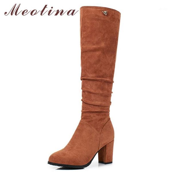 

meotina winter knee high boots women pleated thick high heels long boots zip round toe shoes female autumn black plus size 33-431