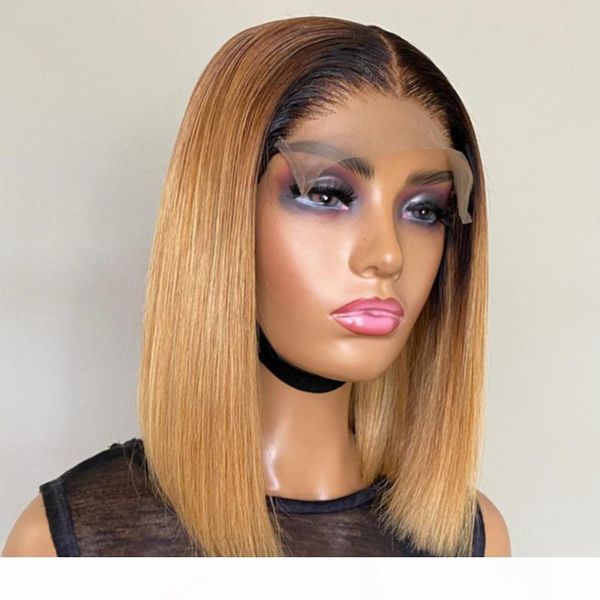 

4x4 2x6 closure wig 150% density t1b27 color wig short bob ombre lace front human hair for women brazilian remy hair, Black;brown