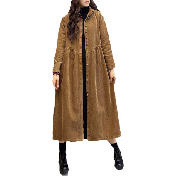 

2020 women's windbreaker autumn winter loose large size literary retro corduroy mid-length trench coats 12c, Black;white