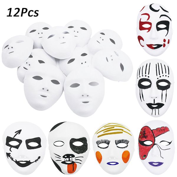 

12pcs white face blank male female with bungee cord party halloween costume diy hand-painted unpainted mask