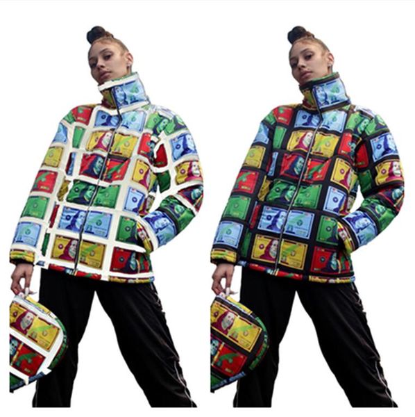 

women wadded jacket tide brand banknote dollar printing dyeing puffer jacket hooded cotton-padded jackets winter warm outerwear new f110305, White