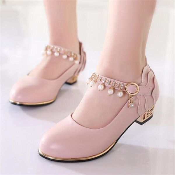 

spring autumn princess kids leather shoes high heels casual pearl bright diamond girls shoes for wedding / banquet / performance, Black;grey