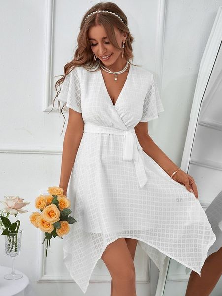 

butterfly sleeve hanky hem belted dress she, Black;gray