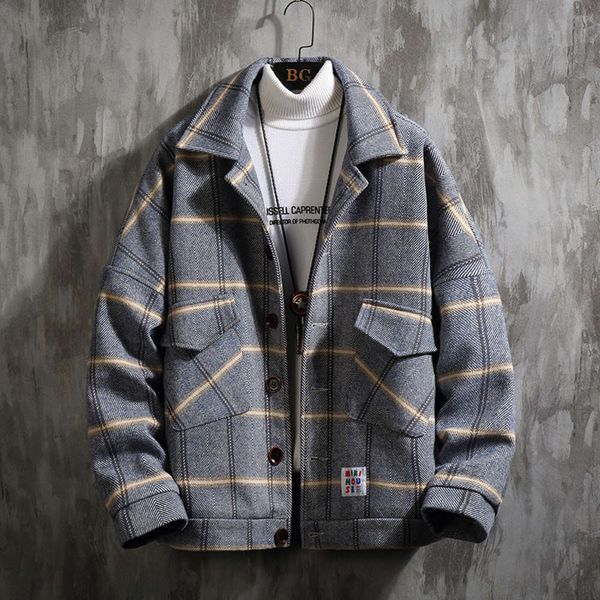 

new men's thickened jacket in autumn and winter of 2019 loose large plaid casual woolen coat, Black
