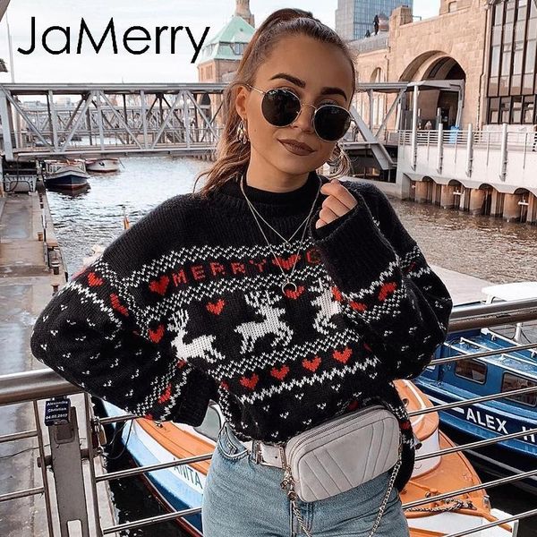 

jamerry vintage merry christmas sweaters women long sleeve autumn winter deer print knitted female pullover chic jumper1, White;black