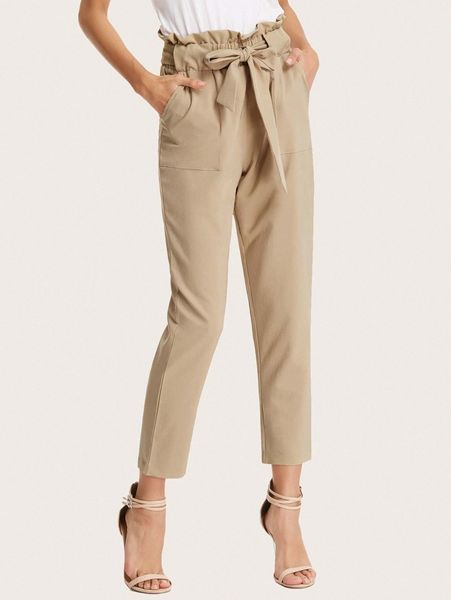 

kate kasin paperbag waist slant pocket belted pants v9ep#, Black;white