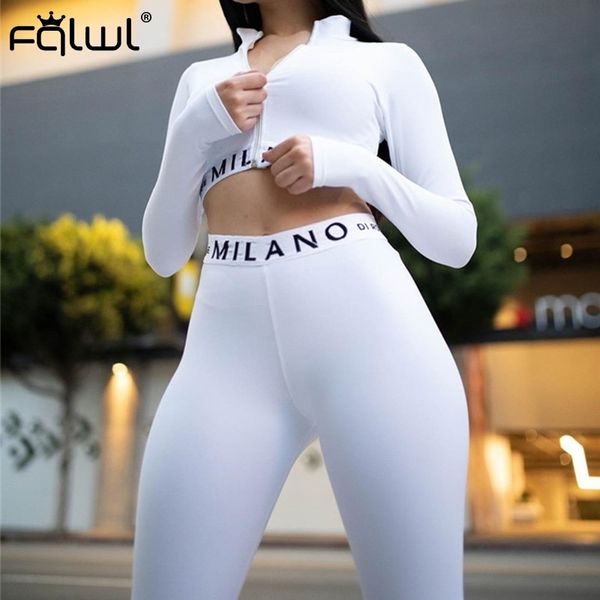 Fqlwl streetwear branco rosa 2 duas peças conjunto mulheres outfits fitnesss manga longa colheita top leggings mulheres senhoras treino feminino 201104