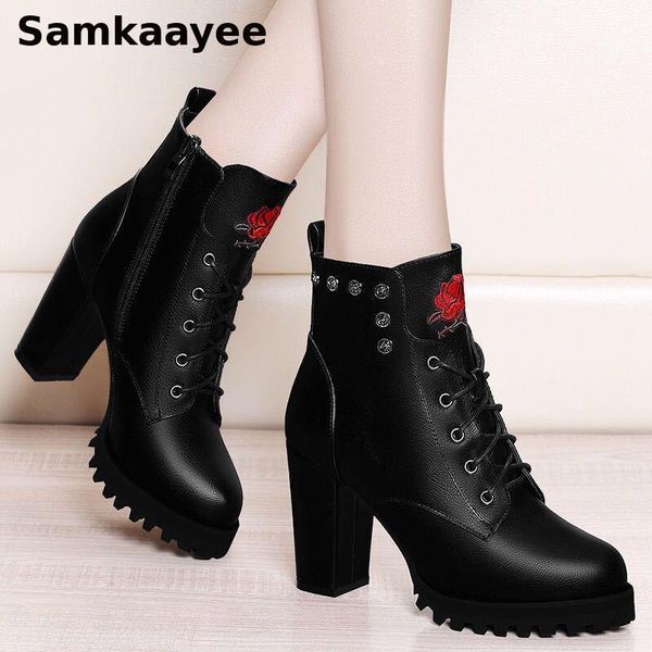 

boots size 35-40 womens winter female rose botas lace-up platform rivet shoes mujer 8cm heels motorcycle booties y51, Black