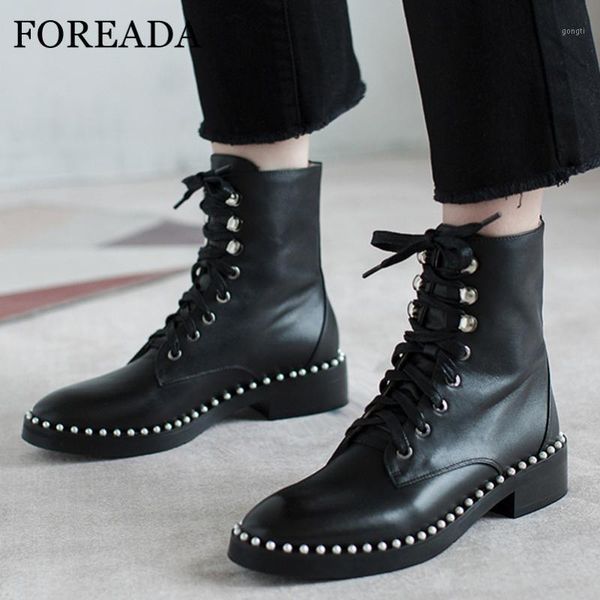

boots foreada real leather ankle platform med heel woman pearl lace up short block female shoes autumn winter1, Black