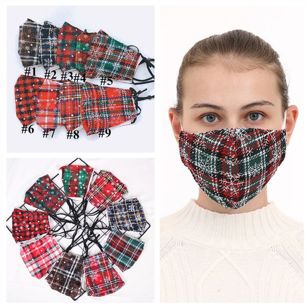 

elastic hook christmas mask reusable adults fashion plaid face masks mouth cover with pm2.5 filter slot snowflakes print facemasks e102201