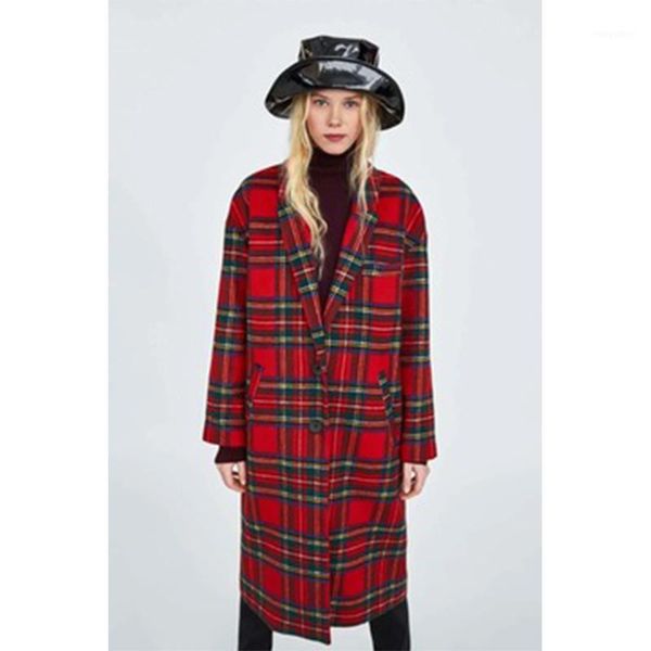 

2019 new women red plaid long woolen coat thick warm winter checkered long sleeve turn down collar loose straight yl0741, Black