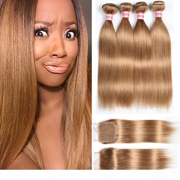 

color 27# brazilian virgin straight hair 3 4 bundles with closures honey blonde peruvian malaysian unprocessed human hair with lace closure, Black;brown