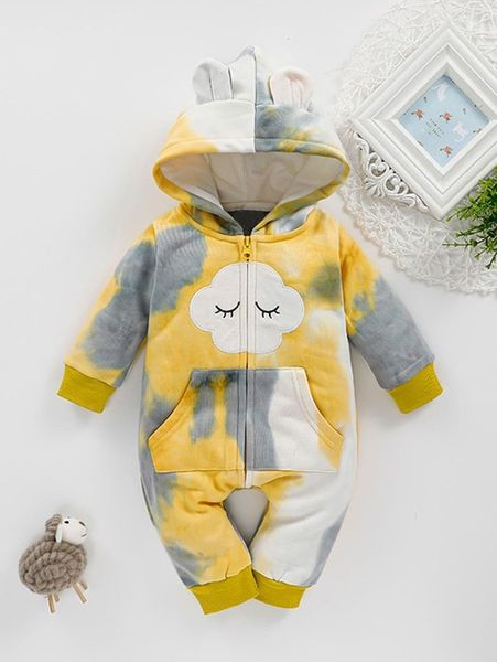 

baby 3d ear cartoon embroidered tie dyed zipper cardigan hooded jumpsuit she, Blue