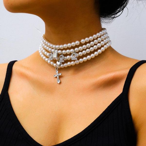 

sjcho-67 baroque pearl choker necklace for women layered silver color rhinestone letter pedant necklace gothic boho neck collar