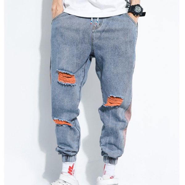 

jean pants men shattered jeans men's fashion washed contrast casual streetwear loose hip hop trousers pants mens -5xl mkn005, Blue
