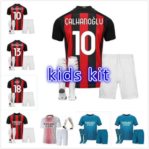 

kids kit ac calhanoglu milan soccer jersey 20 21 football shirt ibrahimovic paqueta bennacer rebic camiseta de futbol romagnoli ibrahimovic, Black;yellow